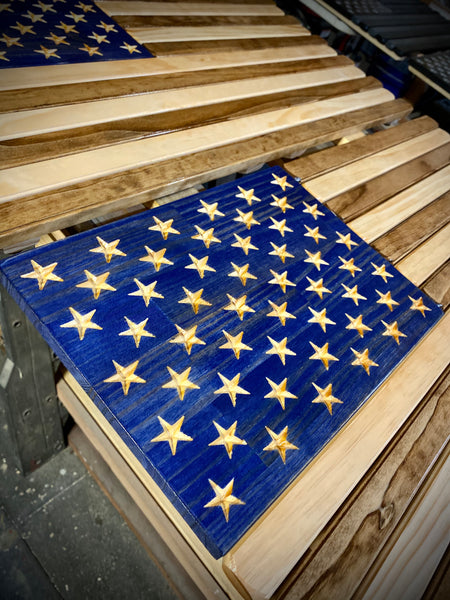 3ft Wood - Natural and Dark Walnut (w/Blue Union) Stained American Flag