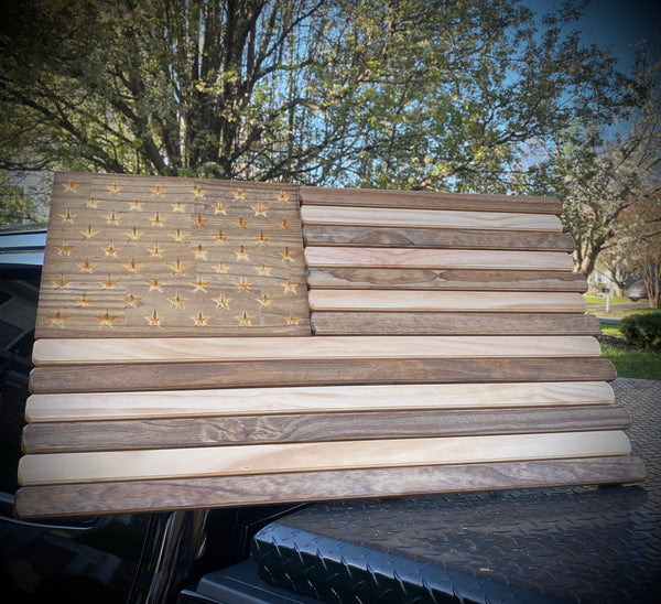 3ft Wood - Natural and Dark Walnut Stained American Flag