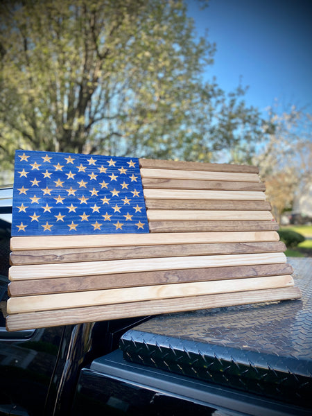 3ft Wood - Natural and Dark Walnut (w/Blue Union) Stained American Flag