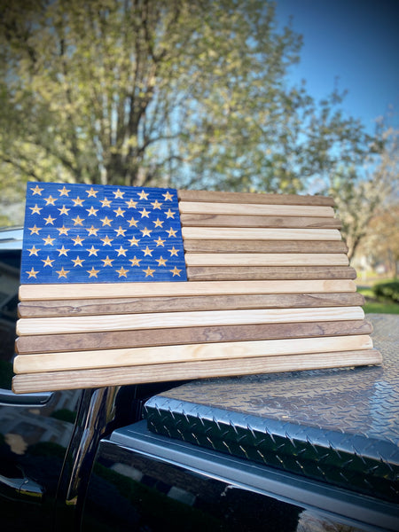 3ft Wood - Natural and Dark Walnut (w/Blue Union) Stained American Flag
